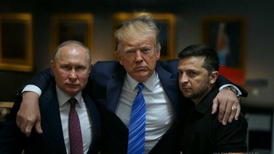 Trump, Zelensky y Putin en un abrazo incómodo. Imagen generada por IA.