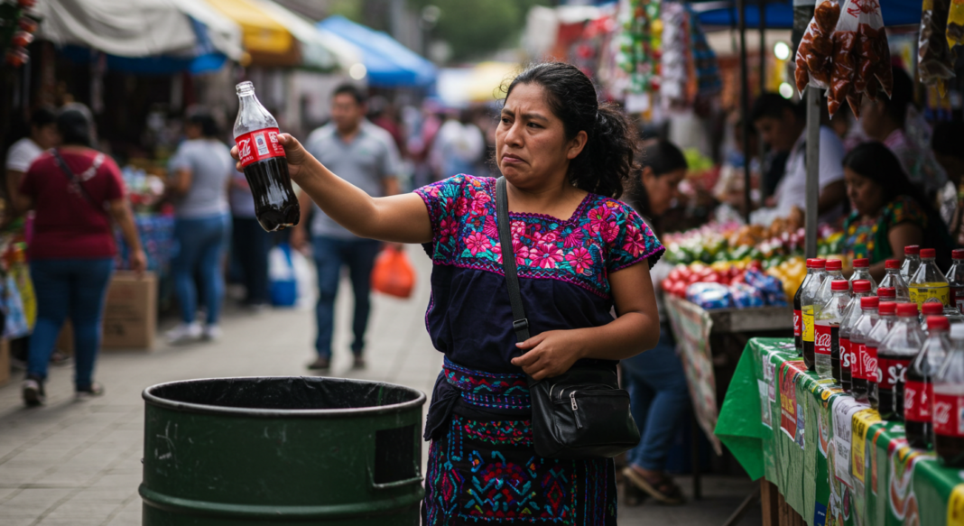 Mujer tira a la basura botella de coca cola